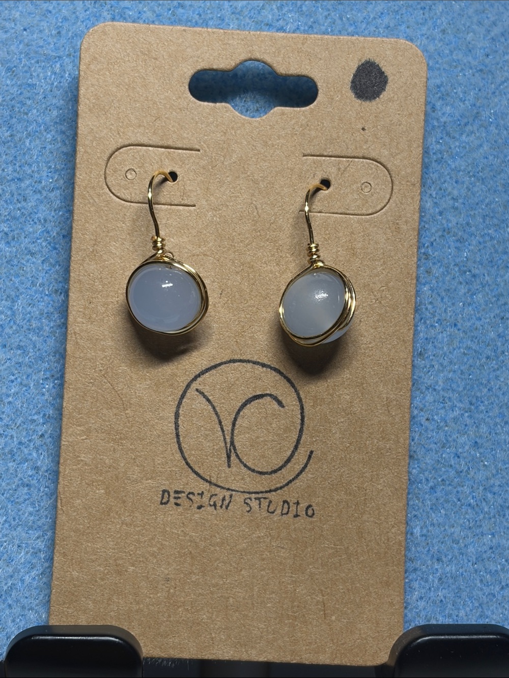 Gold Wire-Wrapped Blue Glass Bead Drop Earrings